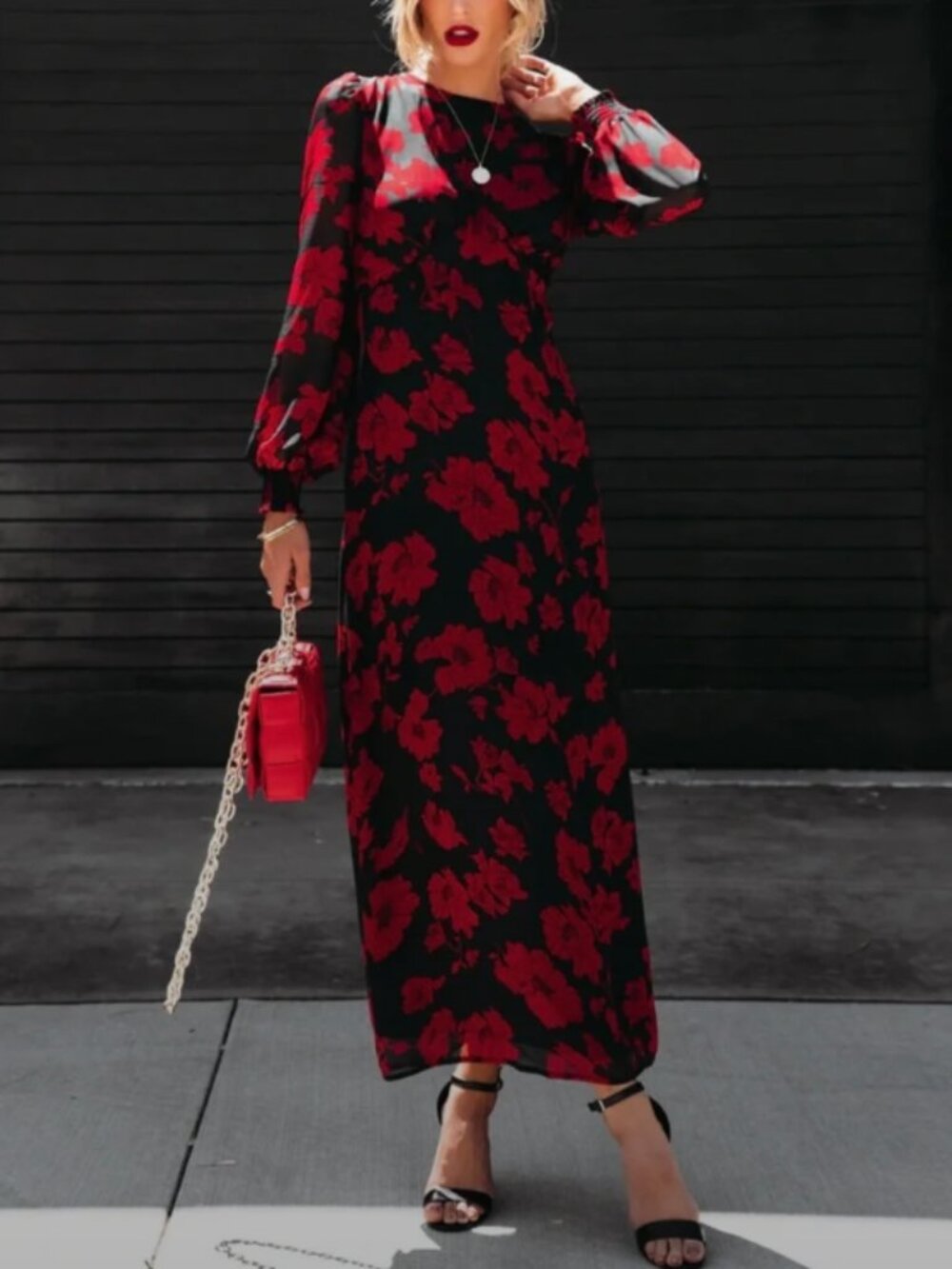 FORE Black Red Floral Long Sleeve Maxi Dress S